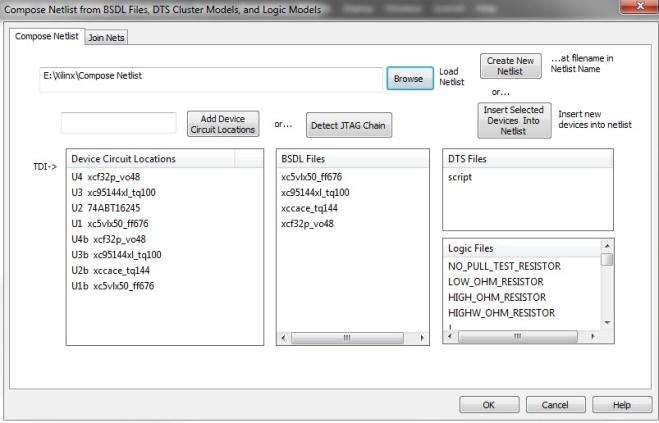 Compose Netlist The Compose Netlist (Figure 49) tool uses a two-step process-- Compose and Join Nets--that allows the user to compose a netlist from BSDL files, DTS cluster test models, and ontap s