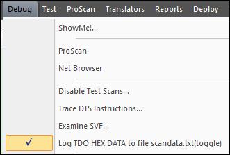 Log TDO Hex DATA to file scandata.txt When selected in the Debug menu, Log TDO HEX Data causes all scan data to be written to a scandata.txt file in a project folder.