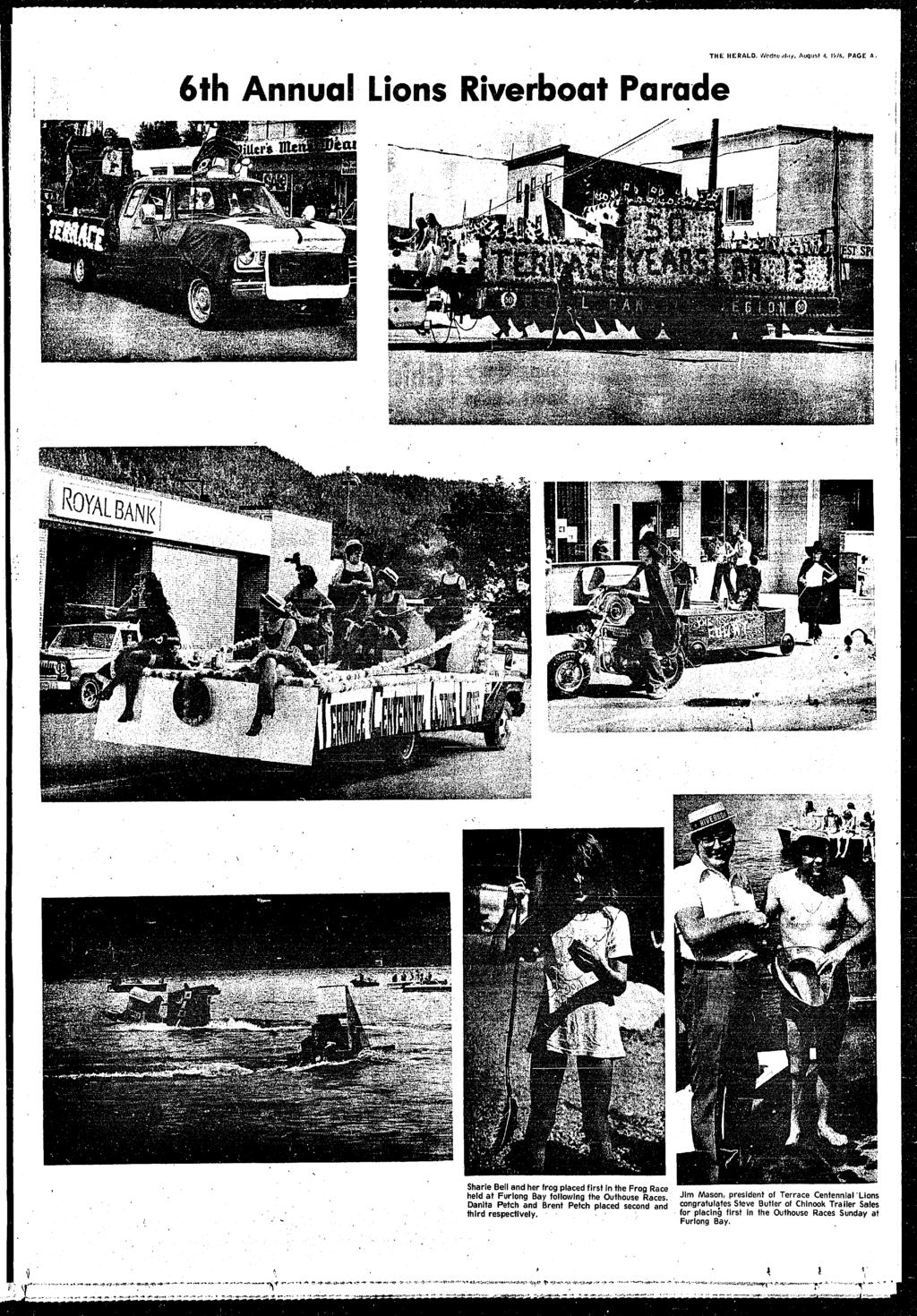 6th Annual Lons Rverboat Parade THE HERALD. WodnL.,d,Jf. Auqu~t 4, 1916. PAGE A, Sharle Bell and her frog placed frst n the Frog Race held at Furlong Bay followng the Outhouse Races.
