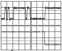 In A, the transmission of 9 consecutive 0 at the right half oscilloscope screen is not detected as a reset: the reset output at the bottom remains high.