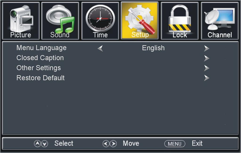 - Press UP or DOWN navigation button to adjust the value. 4. SETUP 4.1 Menu Language This item is used to select preferred OSD menu language. 4.2 Closed Caption CC Mode Available options: CC Mute, CC Off, CC On.