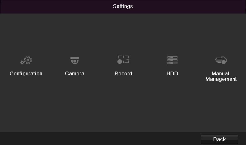 Main menu Menu description Menu description page Configuration Camera Record HDD Used for managing all device settings (General, Network, Live View, Exception, User).