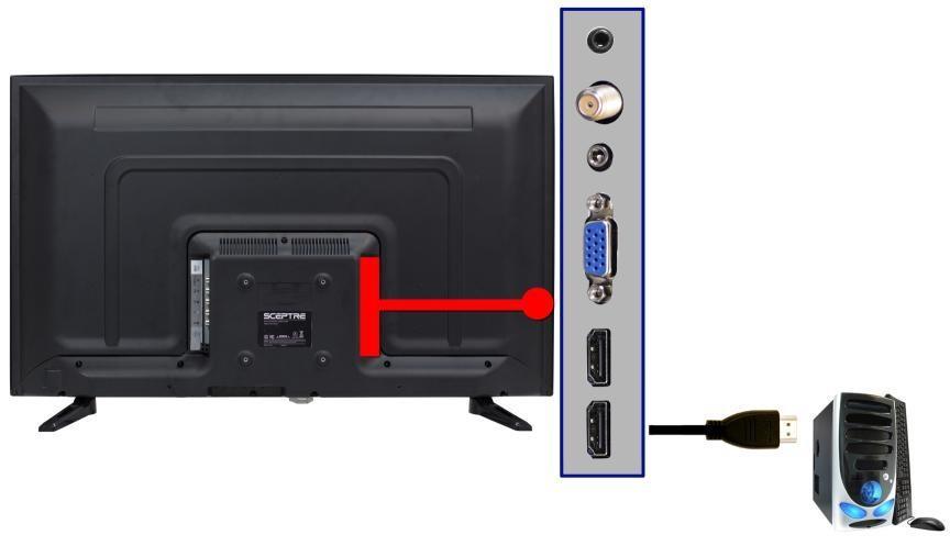 1. Make sure the power of HD display and your PC is turned off. 2. Obtain a HDMI cable; connect to the HDMI output of your PC and the other end to the HDMI port on the back of your HD display. 3.