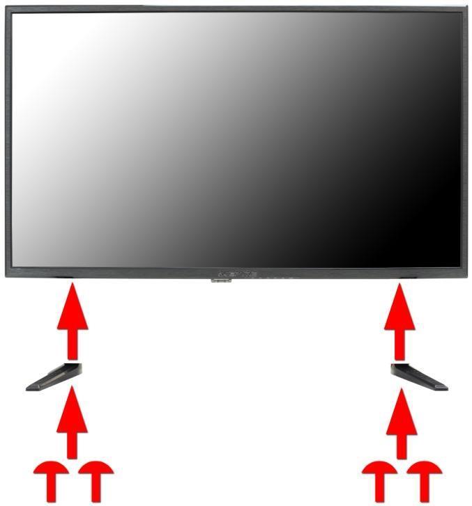 1. To install the 2 TV feet, attach them to the bottom of the TV and screw in the 4 screws indicated in the picture. Remember the SCEPTRE word on the feet faces the front.