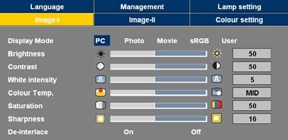 User Controls Image-I Display Mode There are many factory presets optimized for various types of images. PC: For computer or notebook. (brightest image) Photo: For optimum colour at high brightness.