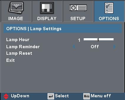 User Controls Options Lamp settings Lamp Hour Displays the cumulative lamp operating time.