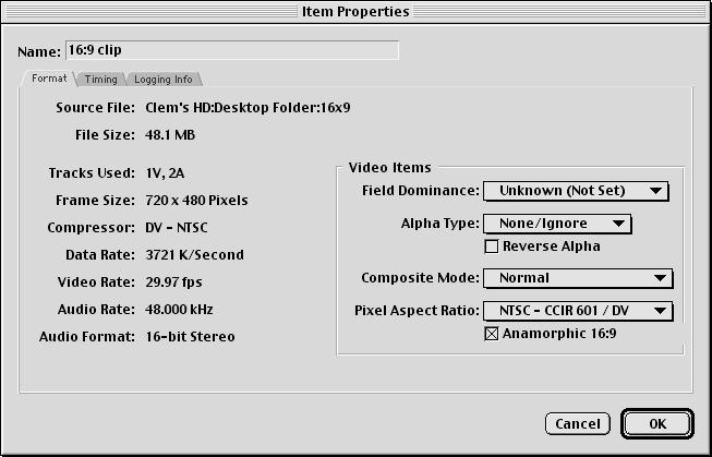 The Item Properties window includes information on pixel aspect ratio, as well as an option for Anamorphic 16:9 format. If media is in 16:9 format, an X appears in this checkbox.