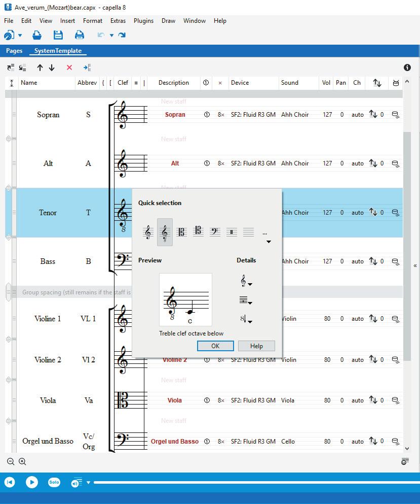 Step 7 SystemTemplate insert staves In the SystemTemplate you can define all basic settings for you score: Number of staves, clef, time signature, staff size, instrument names, sounds, spacings