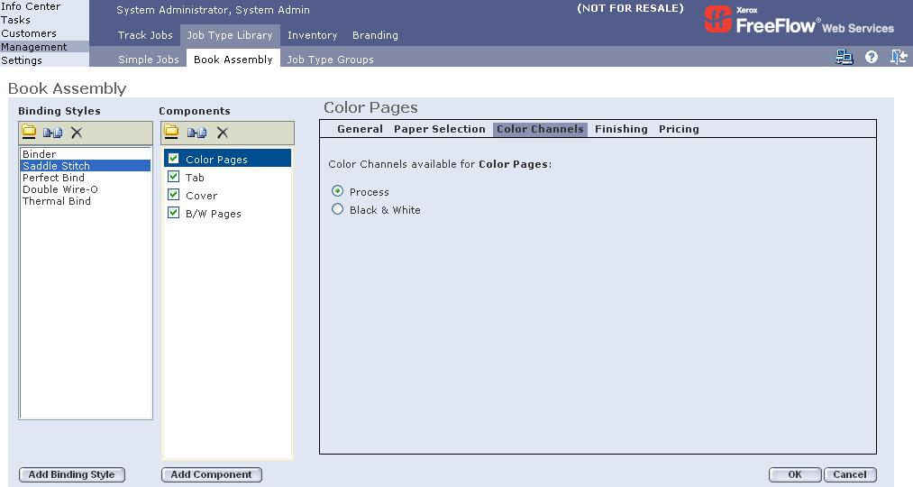 Section I: Defining a FreeFlow Web Services Book Assembly Job Type Chapter 1: Print Provider Side Color Channels Color Channels enables defining whether the component will be printed in Process