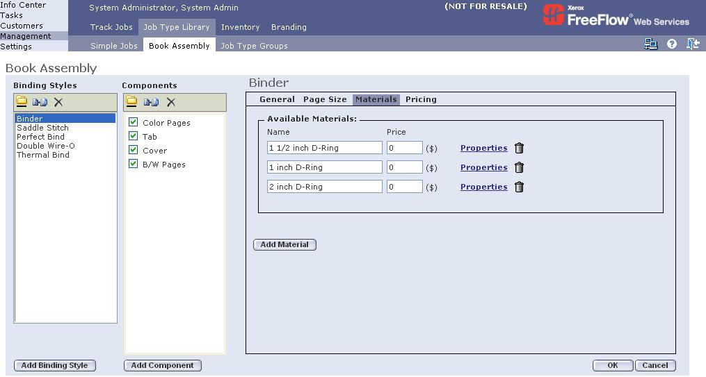 Section I: Defining a FreeFlow Web Services Book Assembly Job Type Chapter 1: Print Provider Side Materials View Binding styles can involve different materials for operator selection (i.e. ring binders, spiral binders, etc.