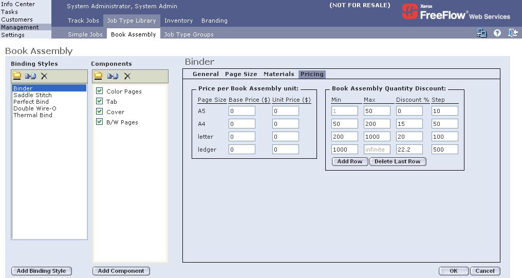 Section I: Defining a FreeFlow Web Services Book Assembly Job Type Chapter 1: Print Provider Side Pricing View The Pricing view enables defining the price for assembling each Book Assembly unit and