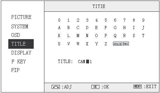 3.4 TITLE submenu Revolve "OK" button to select the letters, and press "OK" to input. Select SPACE to input space and DEL to delete the left letter. Max 10 letters are supported.