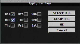 Apply to Cameras: This button can be used to copy schedules to other cameras. Select which cameras you wish to copy to.