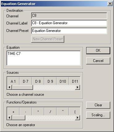 Set Calculation Channel C8 to Equation Generator: Time-C7. f.