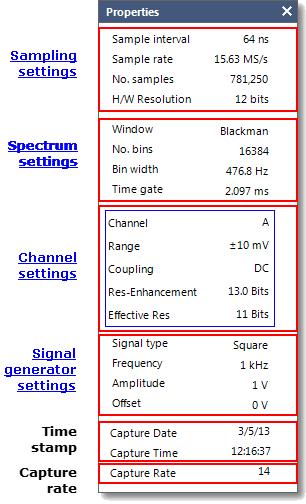 30 5.21 PicoScope and oscilloscope primer Properties sheet Location: Views > View Properties Purpose: shows a summary of the settings that PicoScope 6 is using The Properties sheet appears on the