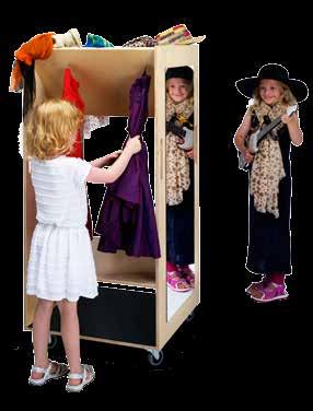 Fitted with mirrors on the short sides, plus hangers for clothes and shelves for hats, masks, hand puppets and shoes.