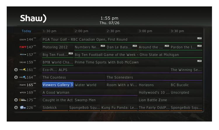 Colour coding In the Guide, TV Listings appear in a grid format with channel numbers and network logos down the left side and times along the top.