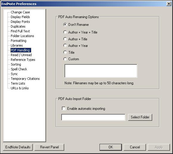 GETTING STARTED GUIDE - Chapter 3: Setting EndNote Preferences Setting PDF Handling Preferences PDF Handling preferences allow you to define the automatic renaming process of PDF documents that you