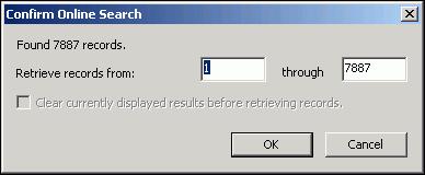 The dialog box displays the number of references that EndNote found to match your search request and gives you the option to retrieve them.