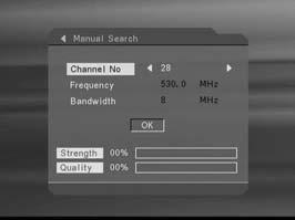 2.2 Manual search It s possible to search for single transponders with the Manual Search. Select the pre-defined channel no. with the desired parameters for the search.