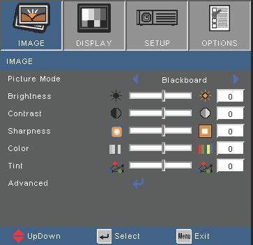 User Controls IMAGE Picture Mode There are many factory presets optimized for various types of images. Presentation: Good color and brightness from PC input. Bright: Maximum brightness from PC input.