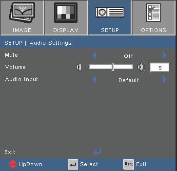 User Controls SETUP Audio Settings Mute Choose On to turn mute on. Choose Off to turn mute off. Volume Press Press Audio Input to decrease the volume.