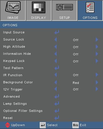 User Controls OPTIONS Input Source Use this option to enable / disable input sources. Press to enter the sub menu and select which sources you require. Press Enter to finalize the selection.