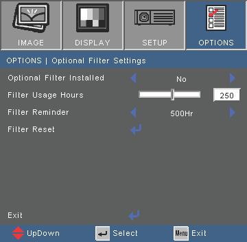 User Controls OPTIONS Optional Filter Settings Optional Filter Installed Select Yes to display warning message after a specified number of hours. Select No to turn off warning message.