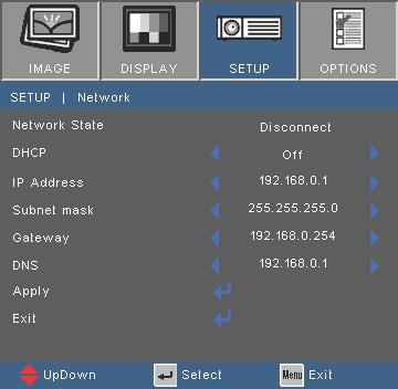 Network Control Network Menu How to enter the Network menu Appendices 1. Press the Menu button on the control panel or remote control.