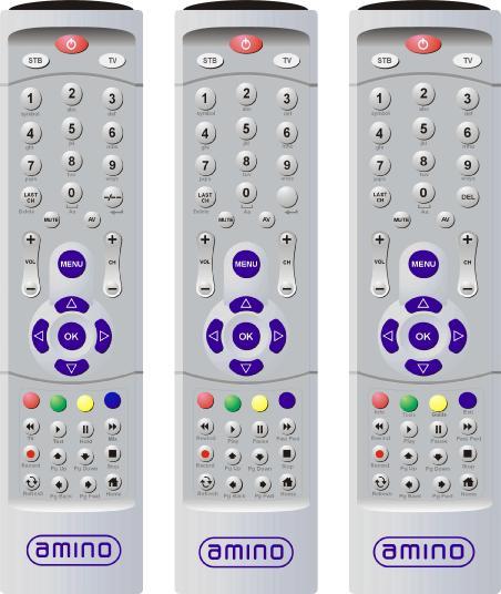 4 Standard Remotes Amino supplies one of 3 standard remotes with its set-top box products: 1. A remote for use in European and Hong-Kong markets 2.