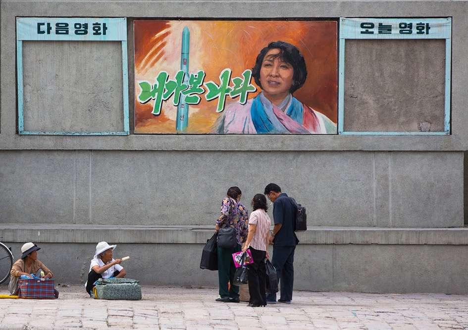 In the southern city of Kaesong, the movie posters are painted on the walls, and