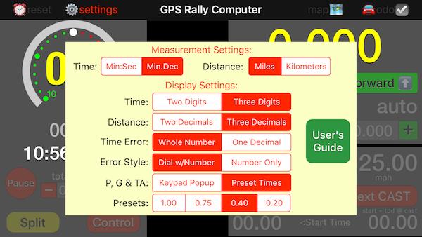 App Settings Inputs Various Measurement and Display Settings are found in a popup as follows: Touch the appropriate items to toggle between two or, in the case of Pause, Gain & Time Allowance (P, G &