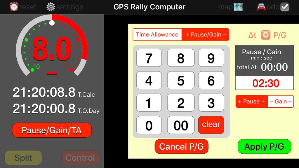 Pause/Gain/TimeAllowance Inputs Touch the Pause/Gain/TA button to show the input view. Choose a Time Allowance or a + Pause/Gain with the toggle button at the top of the view.