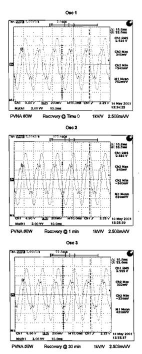 The following oscillograms monitor the arrester voltage