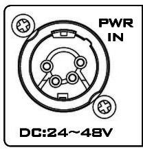 PWR IN DC in socket connect the supplied 24V~48V PSU to