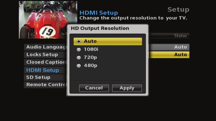 HDMI Setup è Select TV Aspect Ratio and press the OK button. Select Auto (recommended), 4:3, or 16:9 and press the OK button to select Setting, then choose Apply to save it.