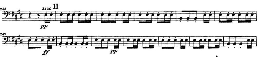 Example 11: Rossini William Tell Overture from one bar before H to eleven bars after H 24 Example 11 is arguably the most famous use of down bow spiccato in the orchestral repertoire from Rossini s
