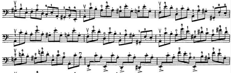 If the player wants to do a historically informed interpretation of example 50 the cross in the first two notes of this excerpt is between the C and the A string, if they want to do a more modern