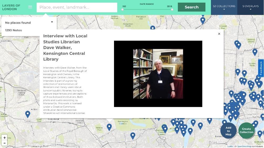 Screenshot of pin of one of the interviews of the collection Absolutely essential to be able to upload these digital recordings and photographs to Layers of London, making them freely available and
