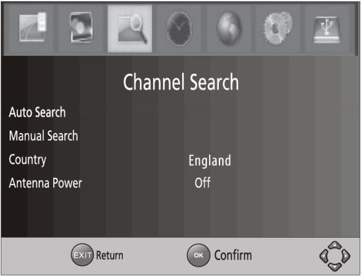 Channel Search Press o5 [and select [Channel Search]. Various ways of searching are listed as described below. Press e to leave the menu.