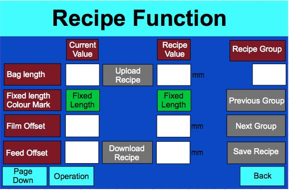 Recipe Function Screen Display/Set Button Current Value Displays the Current Value of production Display/Set Button Recipe Value Displays the Recipe Value of production Display/Set Button Recipe