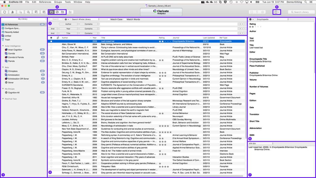 The EndNote Menus Reference Guide Page 5 Macintosh Library Screen 1. Groups panel 2.