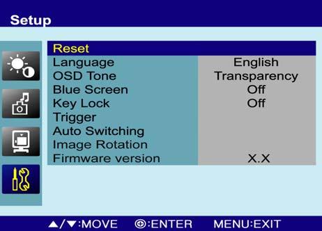 D. Setup Option Function Value Reset Resets the monitor settings to their factory default. Language Sets the language of the OSD menu.