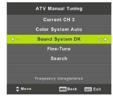 AUTO, PAL, SECAM) Sound System (Sustav zvuka) Odabir sustava zvuka Fine Tune (Fino