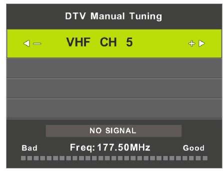 VIVAX HR DTV Manual Tuning (DTV Ručno ugađanje) Pritisnite / kako bi odabrali DTV Manual Tuning (DTV Ručno ugađanje), zatim pritisnite OK kako bi ušli u podizbornik.