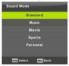 VIVAX HR Sound Mode (Mod zvuka) Pritisnite / za odabir moda zvuka, zatim pritisnite OK kako bi potvrdili odabir. Možete ugađati nivo dubokih i visokih tonova kada je odabran mode Personal (Osobno).