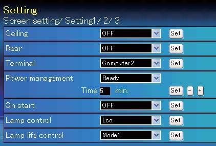 ..sets the auto-input signal detection mode. (ON1, ON2, OFF) Auto keystone...sets Auto Keystone mode. (Auto, Manual, OFF) Background...Sets the screen background when no signal input.