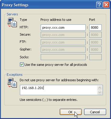 - Using proxy server To use an external internet connection from the local area network, check the item Use a proxy server and enter the proxy server address and port correctly in the proxy settings