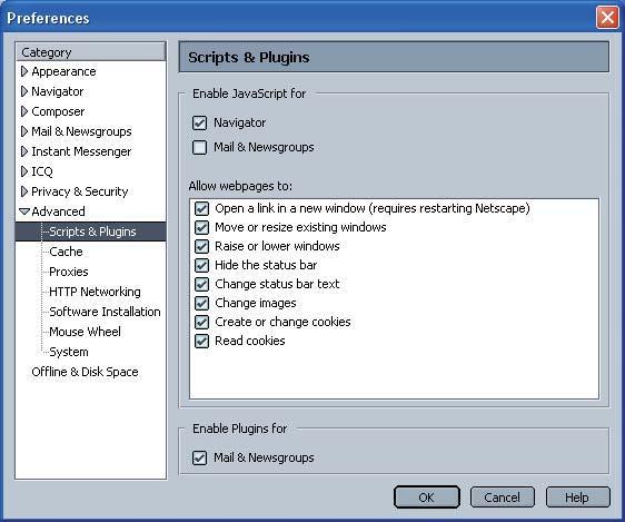 Web browser setting Netscape Navigator v.7.1 JavaScript Setting Select Preference from Edit menu on the web browser and then select the item Advanced/Scripts & Plugins in the Category column.