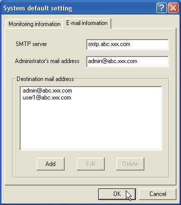 Chapter 3 Basic Operation E-mail information E-mail information Items Description SMTP server...sets up the IP address of SMTP mail server or server host name. Administrator's mail address.